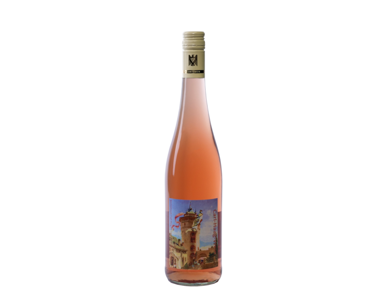 Flasche Roséwein mit dem Bild “Der Rote Turm zu Oberwesel” des Malers Carl Haag auf dem Etikett.