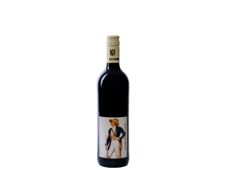 Das Etikett der Rotweinflasche zeigt das Aqarell “Der Wirthssohn vom Pfropfenzieher” des Malers Carl Haag.